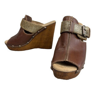 Reba Wedge Heels Sandals Womens Size 10 Brown Leather Unlimited Boho Western